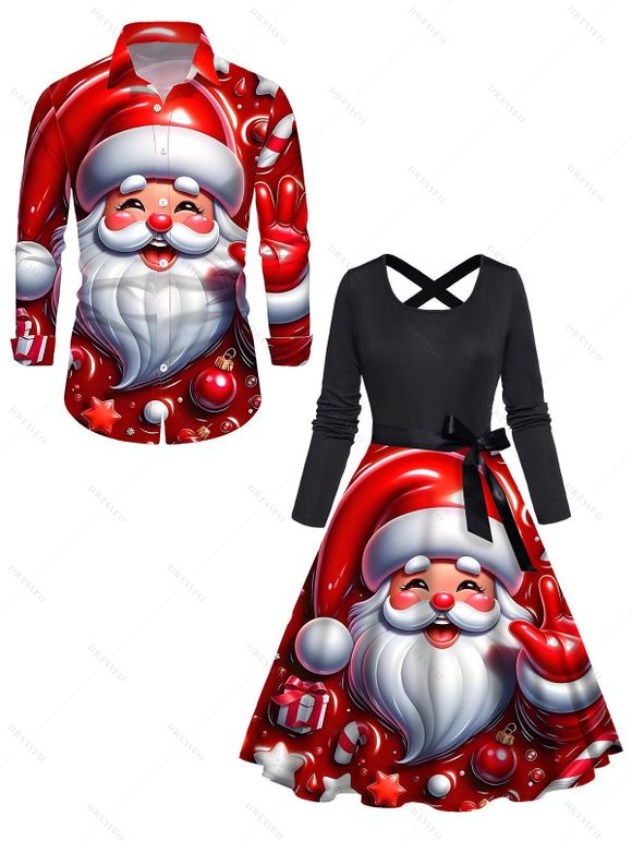 Christmas Couple Outfit Santa Claus Bell Print Belt Dress and Shirt Set - Rouge Vineux S | US 4