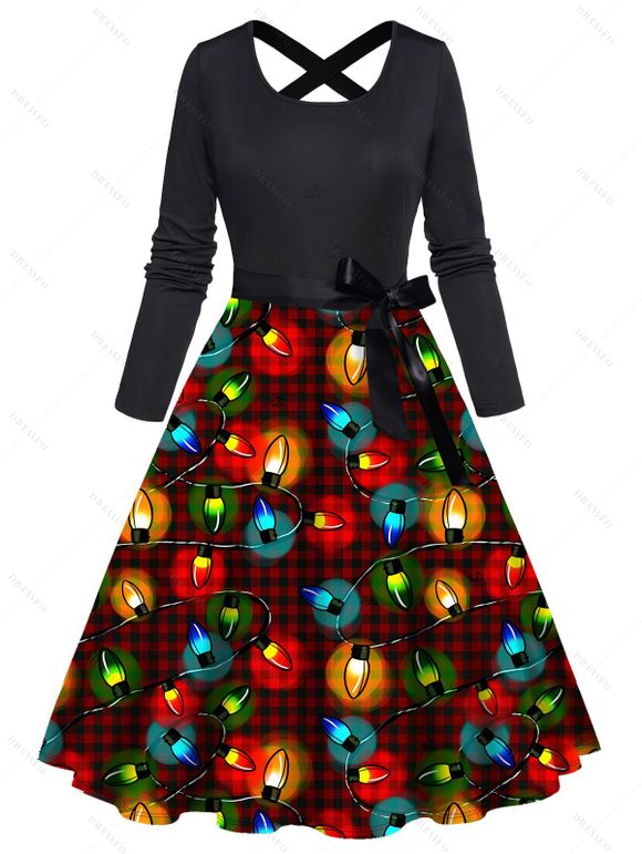 Christmas Couple Outfit Plaid Lightning Chains Print Belt Dress and Shirt Set - Noir S | US 4