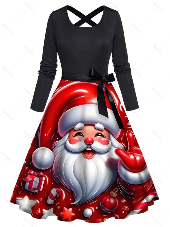 Christmas Couple Outfit Santa Claus Bell Print Belt Dress and Shirt Set - Rouge Vineux S | US 4