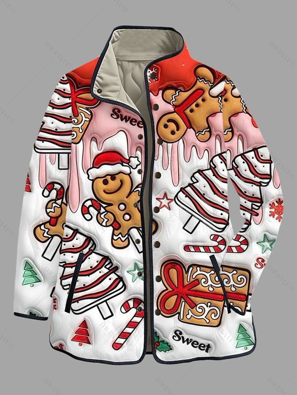Manteau de Noël rembourré en coton, manteau imprimé bonhomme en pain d'épice, manteau à col montant - Rouge XXXXXL | US 20