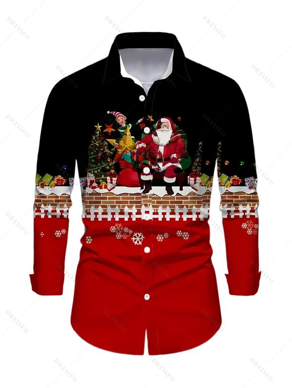 Chemise homme à manches longues, imprimé Père Noël, sapin de Noël et flocons de neige, colorblock - Rouge Vineux 5XL