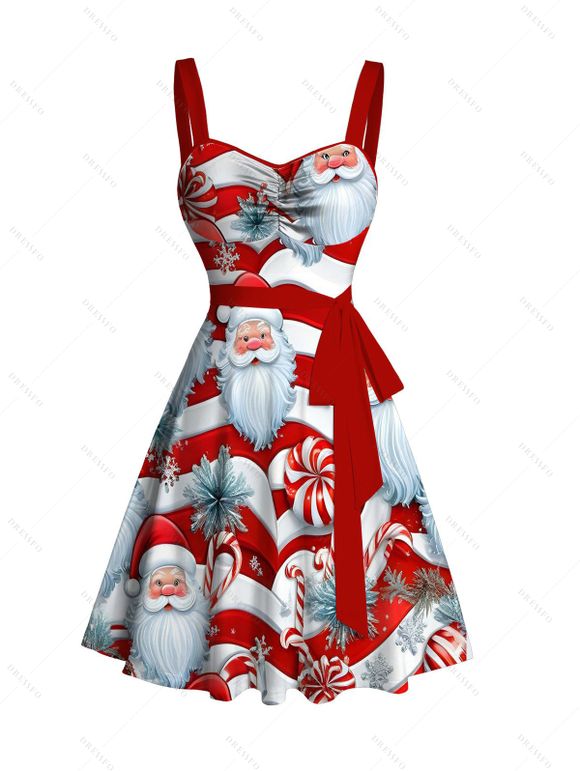 Robe de Noël mignonne avec imprimé rayé Père Noël et ceinture froncée - Rouge XXXXXL | US 20
