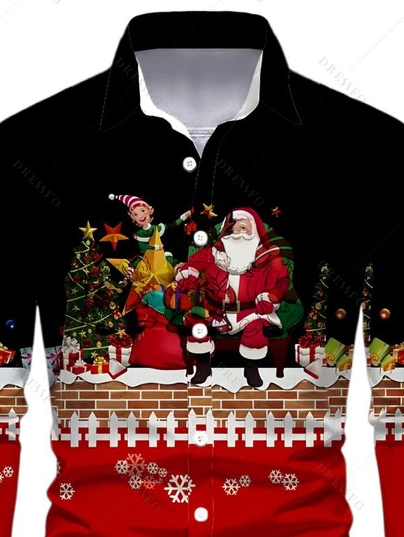 Chemise homme à manches longues, imprimé Père Noël, sapin de Noël et flocons de neige, colorblock - Rouge Vineux 5XL