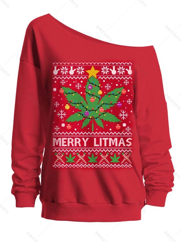 Sweat-shirt de Noël à col asymétrique, imprimé zigzag de clochettes d'érable et de flocons de neige. - Rouge XXL | US 14