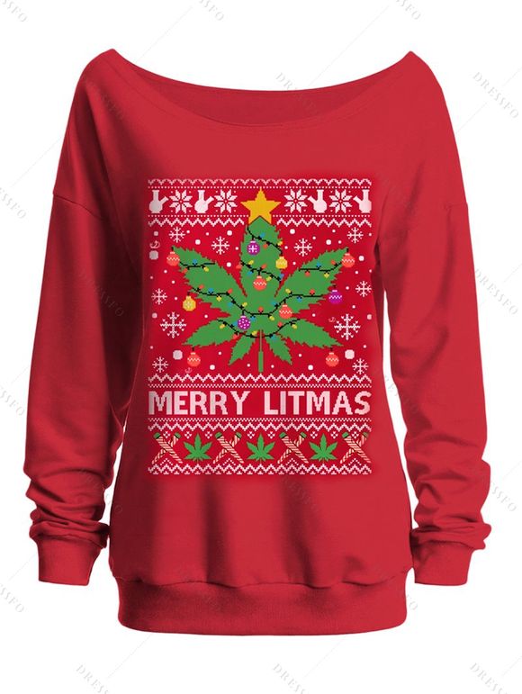 Sweat-shirt de Noël à col asymétrique, imprimé zigzag de clochettes d'érable et de flocons de neige. - Rouge XXL | US 14