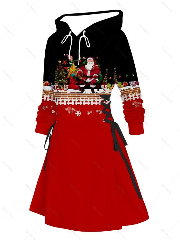 Robe sweat à capuche colorblock à imprimé Père Noël, sapin de Noël et flocons de neige, à lacets - Rouge Vineux XXXXXL | US 20