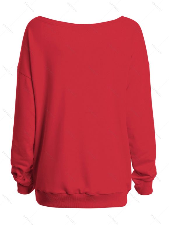 Sweat-shirt de Noël à col asymétrique, imprimé zigzag de clochettes d'érable et de flocons de neige. - Rouge XXL | US 14