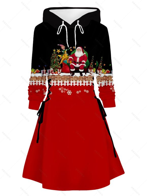 Robe sweat à capuche colorblock à imprimé Père Noël, sapin de Noël et flocons de neige, à lacets - Rouge Vineux XXXXXL | US 20