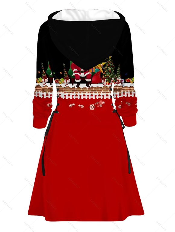 Robe sweat à capuche colorblock à imprimé Père Noël, sapin de Noël et flocons de neige, à lacets - Rouge Vineux XXXXXL | US 20