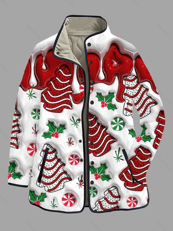 Manteau matelassé en coton pour les fêtes, imprimé sapin de Noël colorblock, col montant - Rouge XXXXXL | US 20