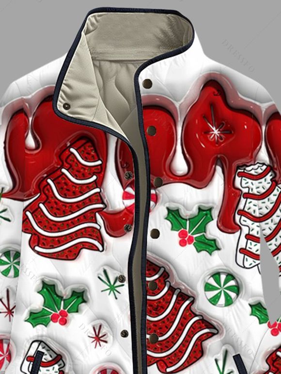 Manteau matelassé en coton pour les fêtes, imprimé sapin de Noël colorblock, col montant - Rouge XXXXXL | US 20