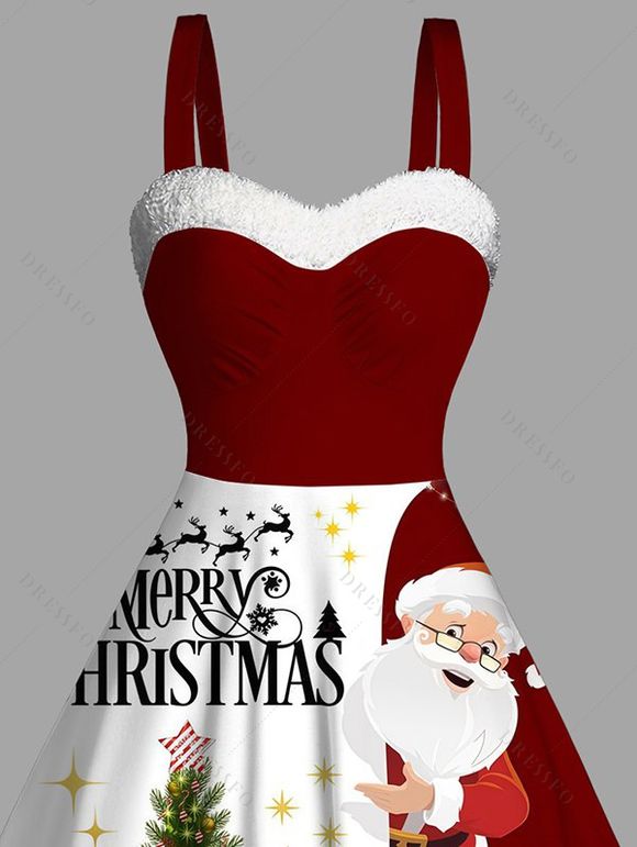 Robe colorblock Père Noël sapin de Noël imprimé lettres mini en fausse fourrure - Rouge Vineux XXXXXL | US 20
