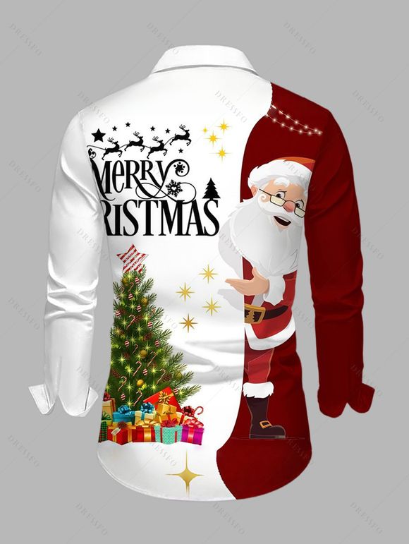 Chemise homme à manches longues, imprimé Père Noël, sapin de Noël et lettres, colorblock - Rouge Vineux 5XL