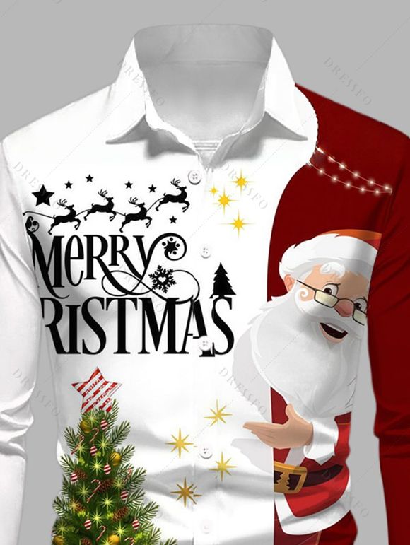 Chemise homme à manches longues, imprimé Père Noël, sapin de Noël et lettres, colorblock - Rouge Vineux 5XL