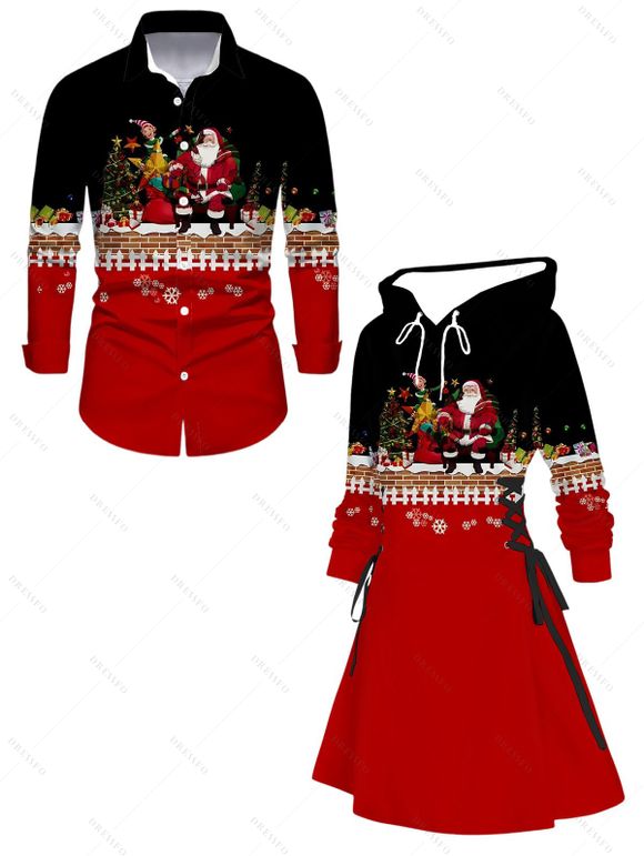 Colorblock Couple Outfit Santa Claus Christmas Tree Print Hoodie Dress and Shirt Set - Rouge Vineux S | US 4