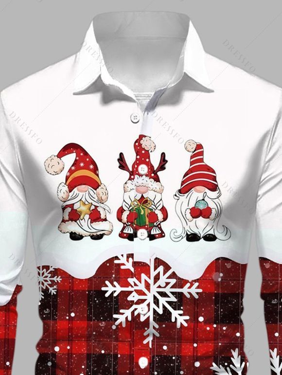 Chemise de Noël pour homme à carreaux colorblock avec imprimé Père Noël et flocons de neige, manches longues - Rouge Vineux 5XL