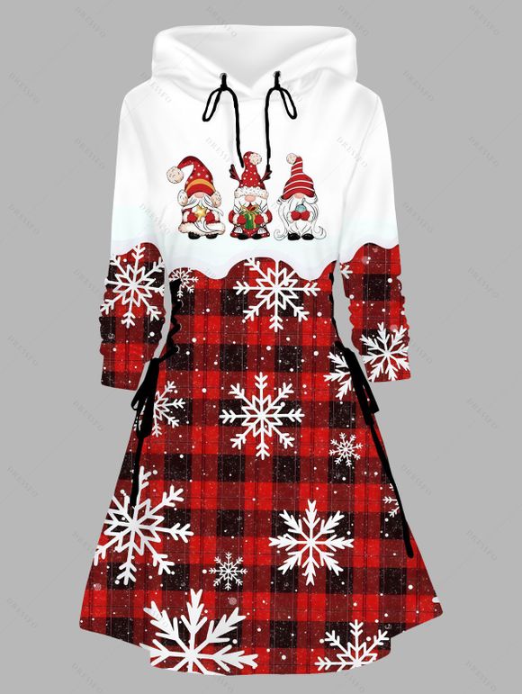 Robe sweat à capuche de Noël à carreaux colorblock, imprimé Père Noël et flocons de neige, lacée - Rouge Vineux XXXXXL | US 20