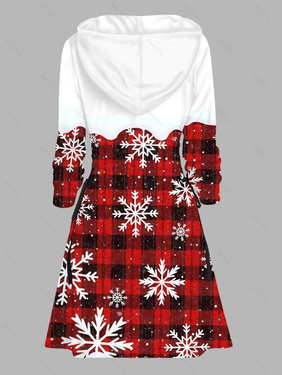 Robe sweat à capuche de Noël à carreaux colorblock, imprimé Père Noël et flocons de neige, lacée - Rouge Vineux XXXXXL | US 20