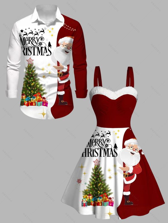 Christmas Couple Outfit Santa Claus Christmas Tree Print Faux Fur Dress and Shirt Set - Rouge Vineux S | US 4