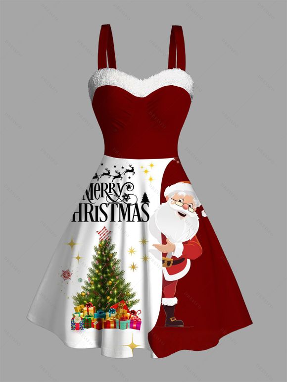Christmas Couple Outfit Santa Claus Christmas Tree Print Faux Fur Dress and Shirt Set - Rouge Vineux S | US 4