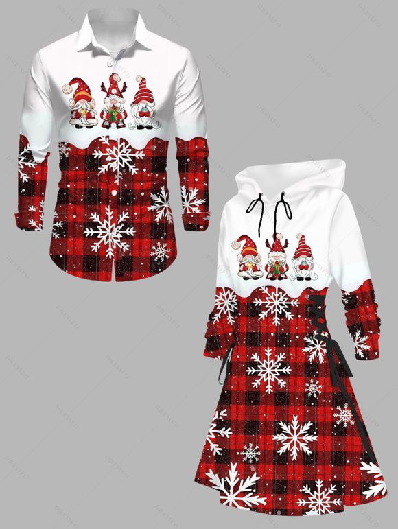 Christmas Couple Outfit Plaid Santa Claus Snowflake Print Hoodie Dress and Shirt Set - Rouge Vineux S | US 4
