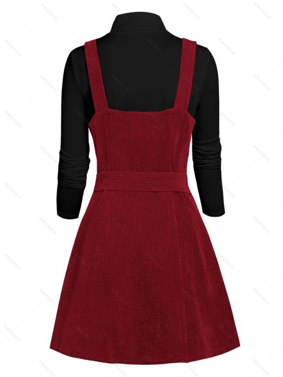 Ensemble robe en velours côtelé avec ceinture à boucle et nœud papillon et t-shirt uni à col montant - Rouge Vineux XXXL