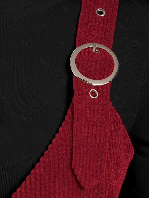 Ensemble robe en velours côtelé avec ceinture à boucle et nœud papillon et t-shirt uni à col montant - Rouge Vineux XXXL