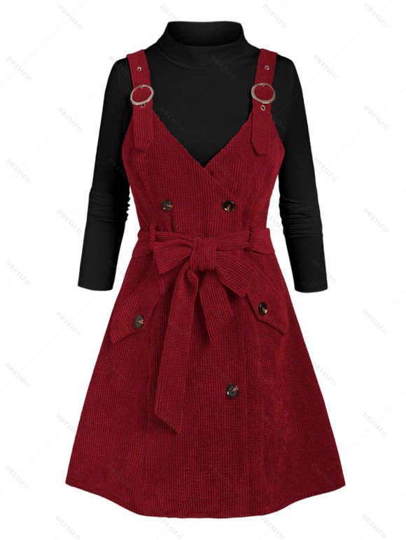Ensemble robe en velours côtelé avec ceinture à boucle et nœud papillon et t-shirt uni à col montant - Rouge Vineux XXXL