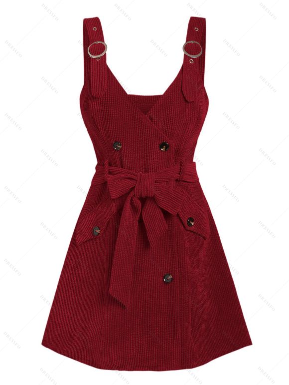 Ensemble robe en velours côtelé avec ceinture à boucle et nœud papillon et t-shirt uni à col montant - Rouge Vineux XXXL