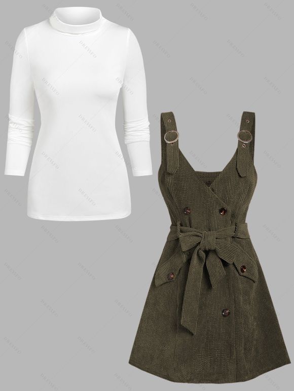 Ensemble robe en velours côtelé avec ceinture à boucle et nœud papillon et t-shirt uni à col montant - Vert Armée XL
