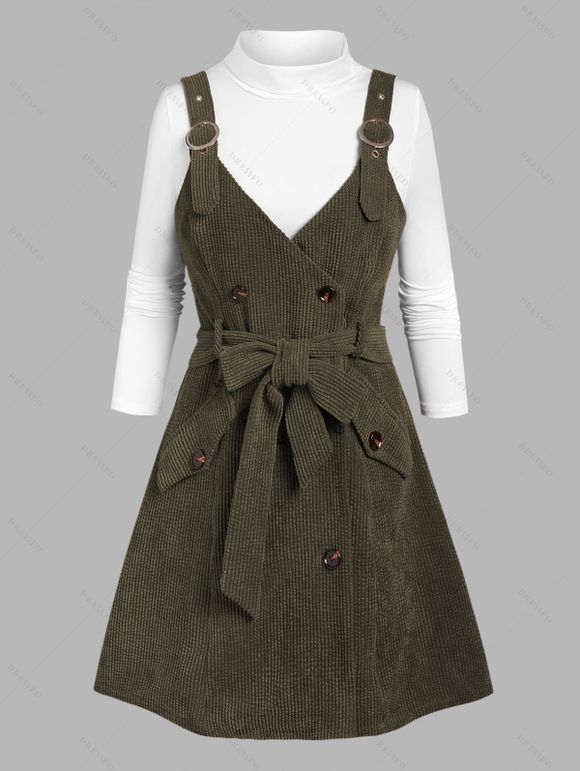 Ensemble robe en velours côtelé avec ceinture à boucle et nœud papillon et t-shirt uni à col montant - Vert Armée XXXL