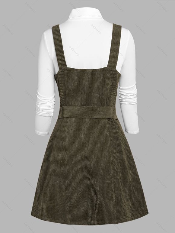 Ensemble robe en velours côtelé avec ceinture à boucle et nœud papillon et t-shirt uni à col montant - Vert Armée XXXL