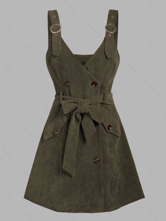 Ensemble robe en velours côtelé avec ceinture à boucle et nœud papillon et t-shirt uni à col montant - Vert Armée XXXL