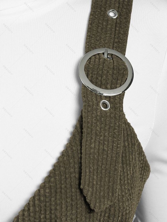 Ensemble robe en velours côtelé avec ceinture à boucle et nœud papillon et t-shirt uni à col montant - Vert Armée XXXL