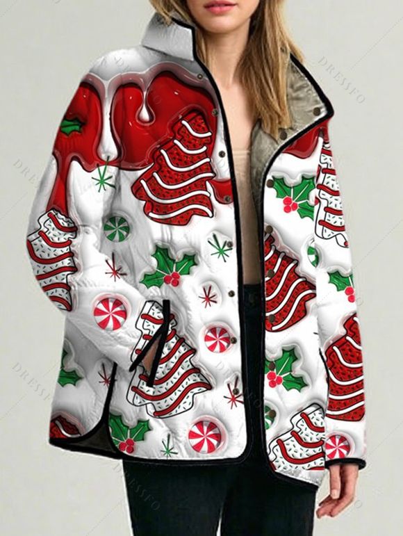 Manteau matelassé en coton pour les fêtes, imprimé sapin de Noël colorblock, col montant - Rouge XXXXXL | US 20