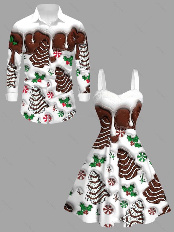 Holiday Couple Outfit Christmas Tree Printed Faux Fur Dress and Shirt Set - Brun S | US 4