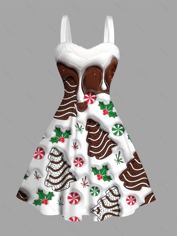 Holiday Couple Outfit Christmas Tree Printed Faux Fur Dress and Shirt Set - Brun S | US 4