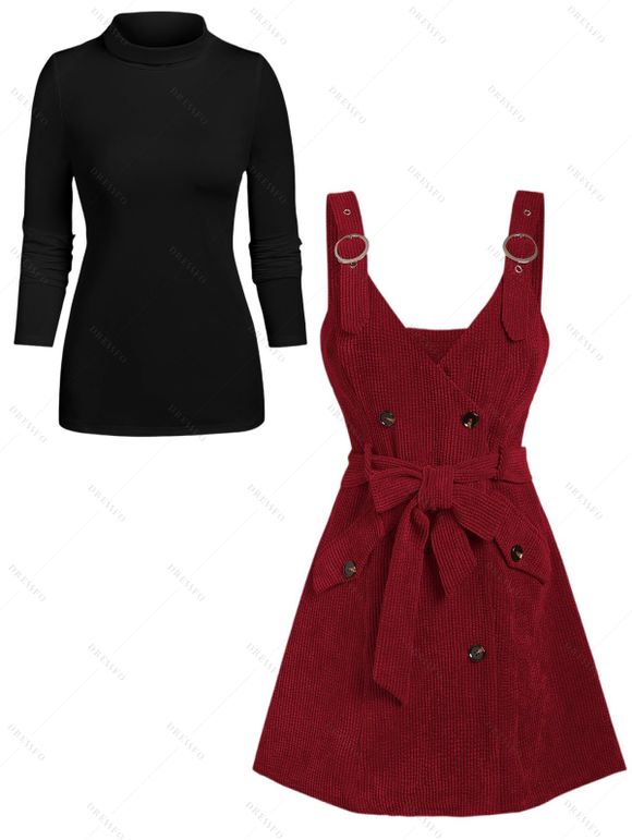 Ensemble robe en velours côtelé avec ceinture à boucle et nœud papillon et t-shirt uni à col montant - Rouge Vineux XXXL