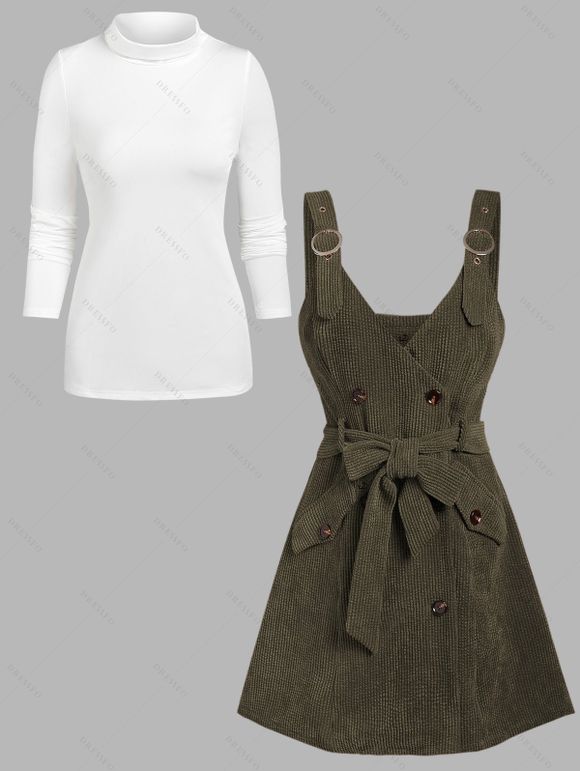 Ensemble robe en velours côtelé avec ceinture à boucle et nœud papillon et t-shirt uni à col montant - Vert Armée XXXL