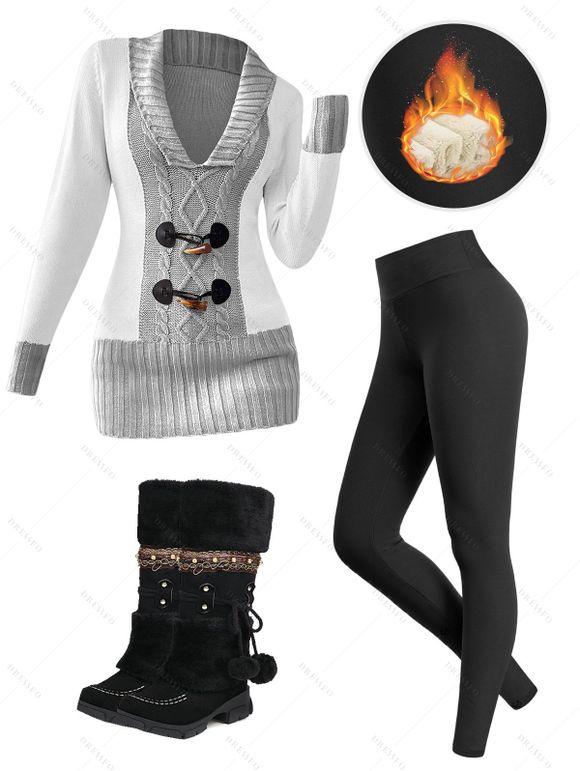 Contrast Color Mock Horn Button Plunge Neck Sweater And Fleece-lined Leggings Faux Fur Warmth Mid-calf Boots Outfit - Gris Clair S | US 4