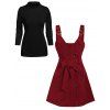 Ensemble robe en velours côtelé avec ceinture à boucle et nœud papillon et t-shirt uni à col montant - Rouge Vineux XL
