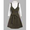 Corduroy Buckle Bowknot Belted Dress and Plain Mock Neck Tee Set - ARMY GREEN XL