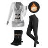Contrast Color Mock Horn Button Plunge Neck Sweater And Fleece-lined Leggings Faux Fur Warmth Mid-calf Boots Outfit - Gris Clair S | US 4