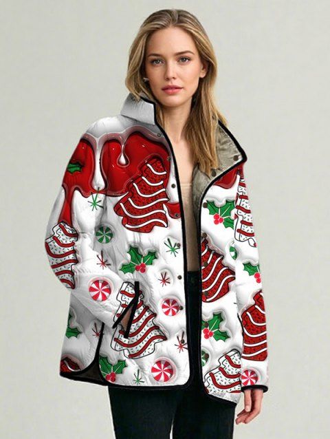 Manteau matelassé en coton pour les fêtes, imprimé sapin de Noël colorblock, col montant