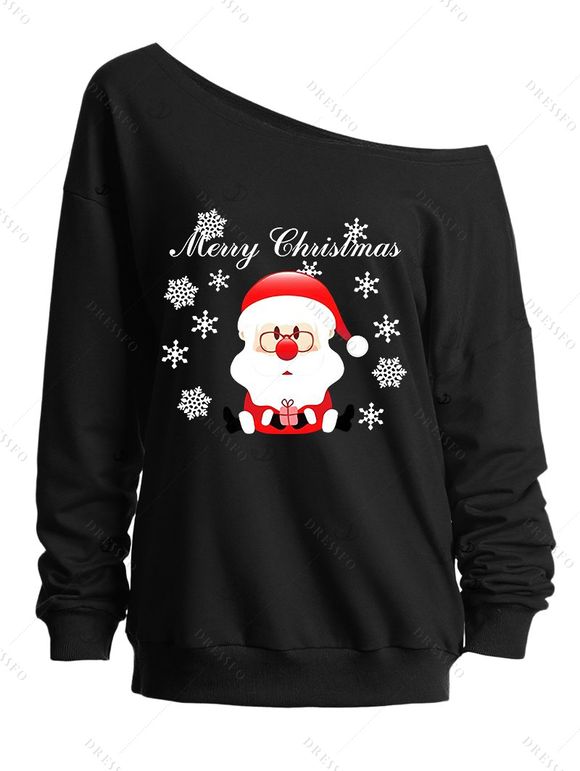 Sweat-shirt à col asymétrique avec imprimé Père Noël et flocons de neige « Joyeux Noël » - Noir XXL | US 14