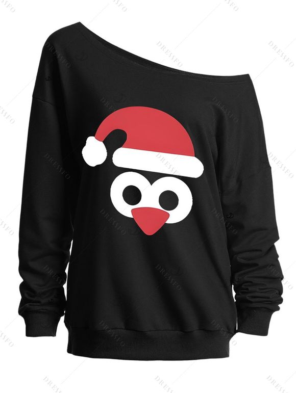 Sweat-shirt de Noël imprimé avec bonnet de Noël et col asymétrique - Noir XXL | US 14