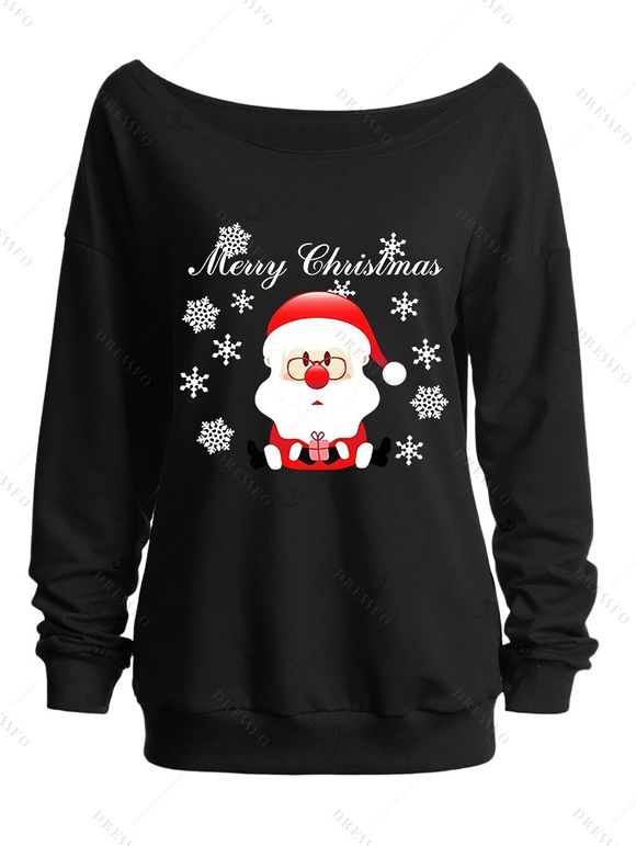 Sweat-shirt à col asymétrique avec imprimé Père Noël et flocons de neige « Joyeux Noël » - Noir XXL | US 14