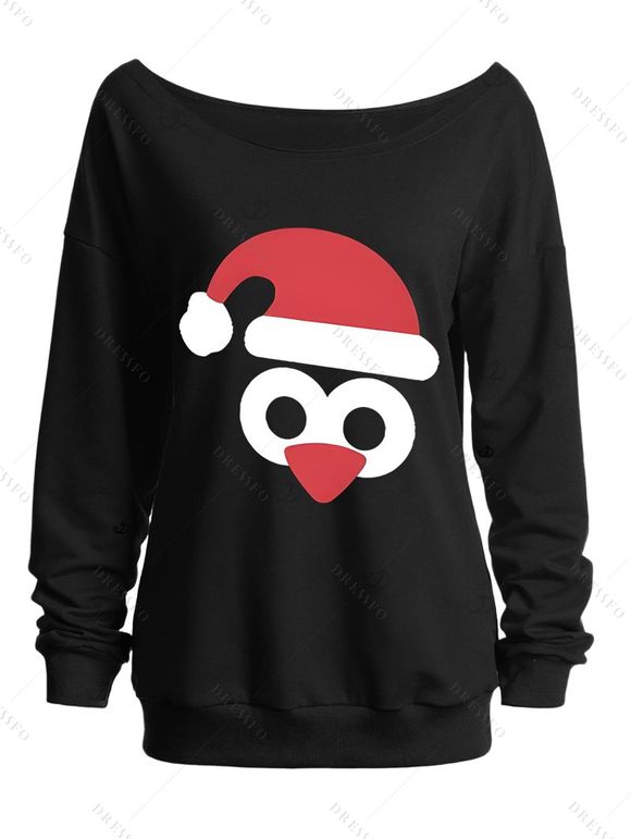Sweat-shirt de Noël imprimé avec bonnet de Noël et col asymétrique - Noir XXL | US 14