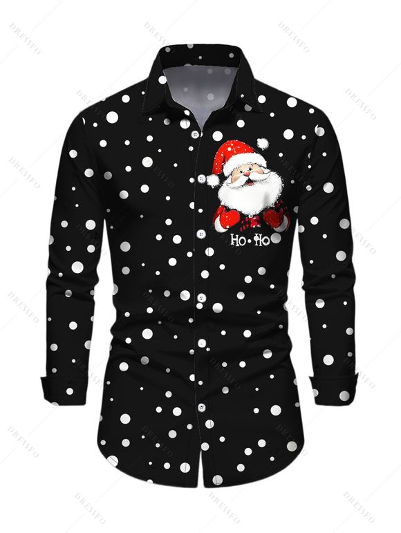 Chemise de Noël pour homme à pois, imprimé Père Noël et lettres, manches longues - Noir 5XL