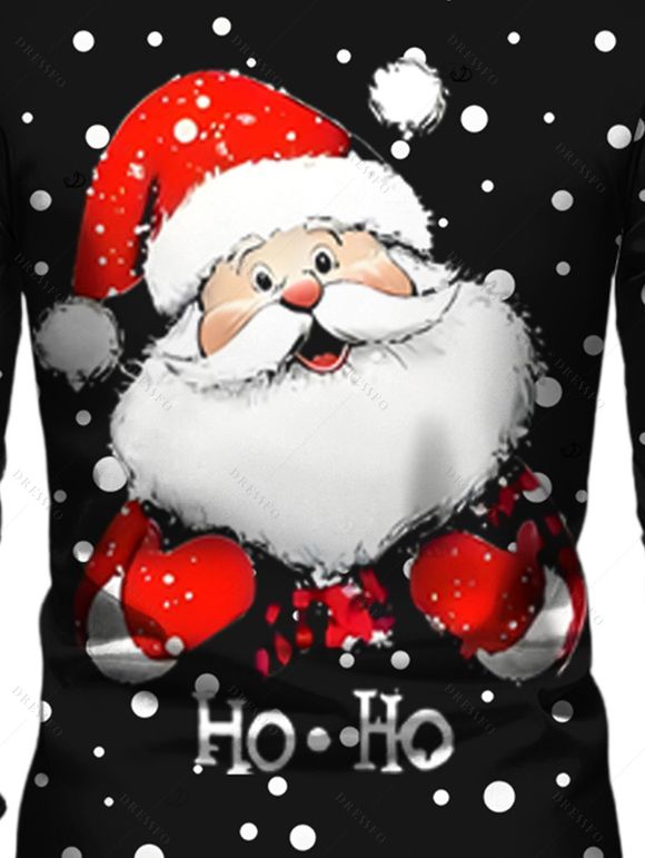 Chemise de Noël pour homme à pois, imprimé Père Noël et lettres, manches longues - Noir 5XL